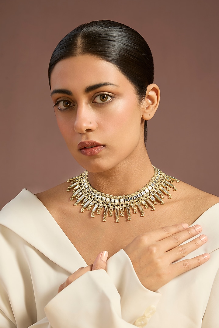 Gold Finish Magenta Stone Choker Necklace by House of Tuhina at Pernia's Pop Up Shop