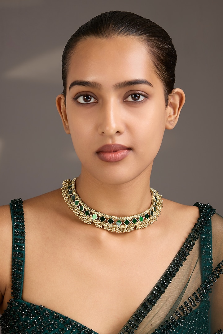 Gold Finish Green Stone Necklace by House Of Tuhina at Pernia's Pop Up Shop