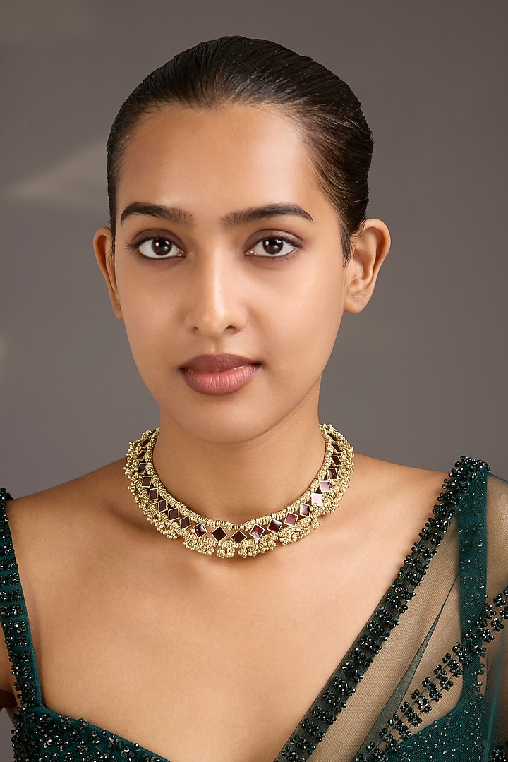 Gold Finish Maroon Stone Necklace by House Of Tuhina at Pernia's Pop Up Shop