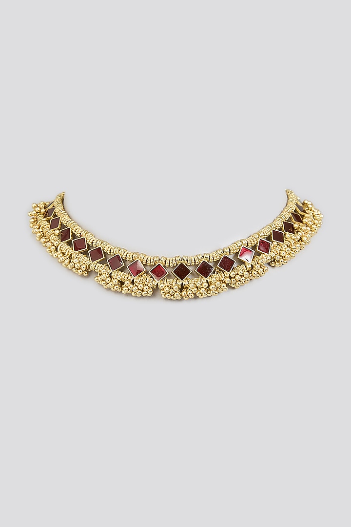 Gold Finish Maroon Stone Necklace by House Of Tuhina at Pernia's Pop Up Shop