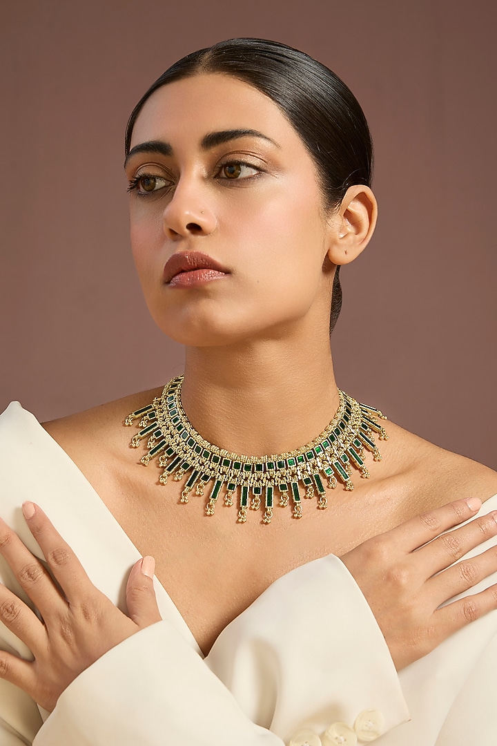 Gold Finish Green Stone Choker Necklace by House of Tuhina at Pernia's Pop Up Shop