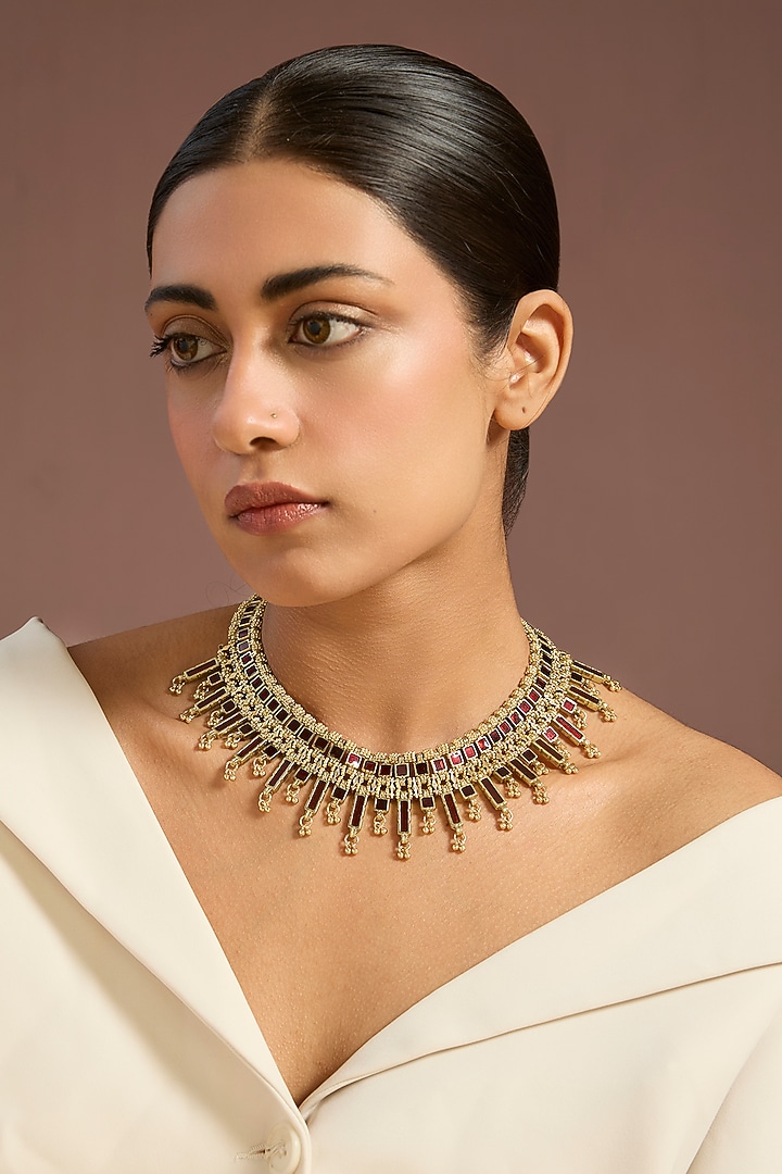 Gold Finish Maroon Stone Choker Necklace by House of Tuhina at Pernia's Pop Up Shop