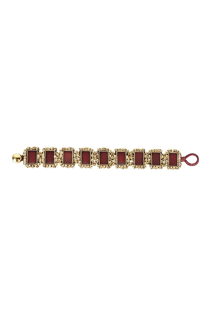 Gold Finish Mirror & Maroon Stone Bracelet by House Of Tuhina at Pernia's Pop Up Shop