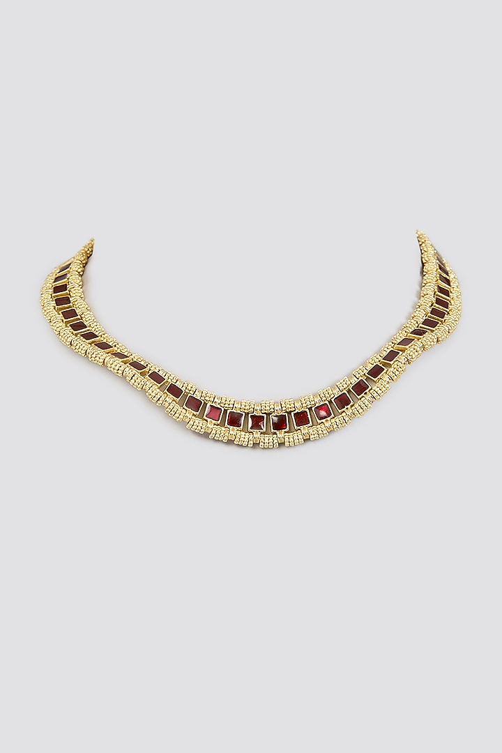 Gold Finish Maroon Stone Necklace by House of Tuhina at Pernia's Pop Up Shop