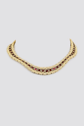 Gold Finish Maroon Stone Necklace by House of Tuhina