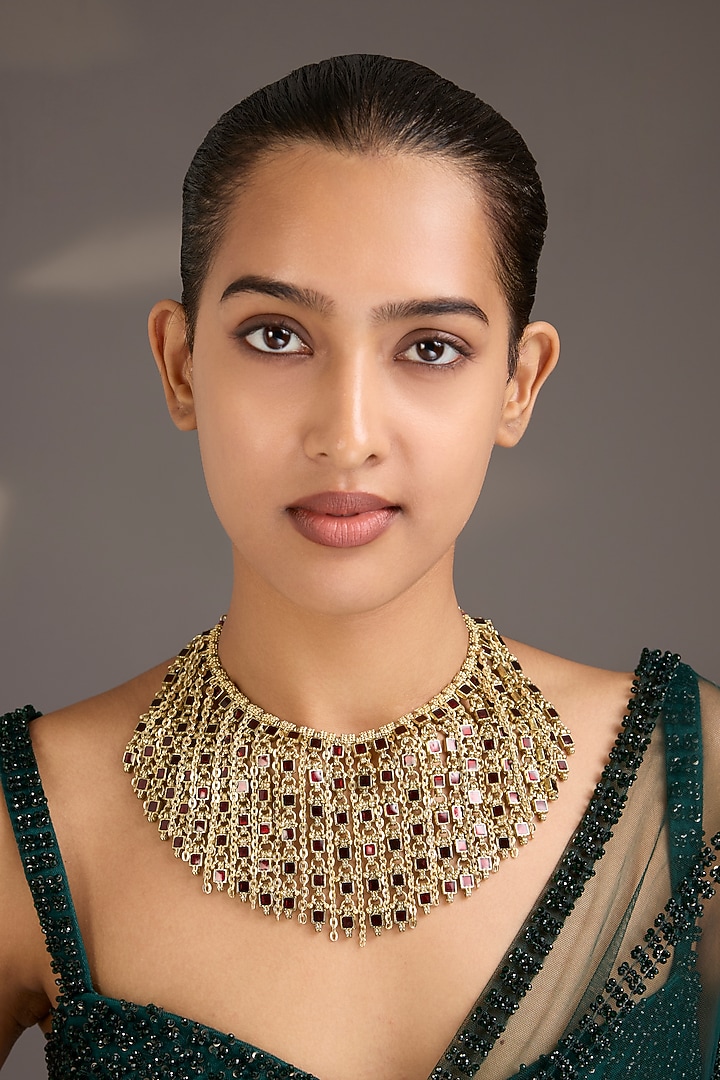 Gold Finish Maroon Stone Choker Necklace by House Of Tuhina at Pernia's Pop Up Shop