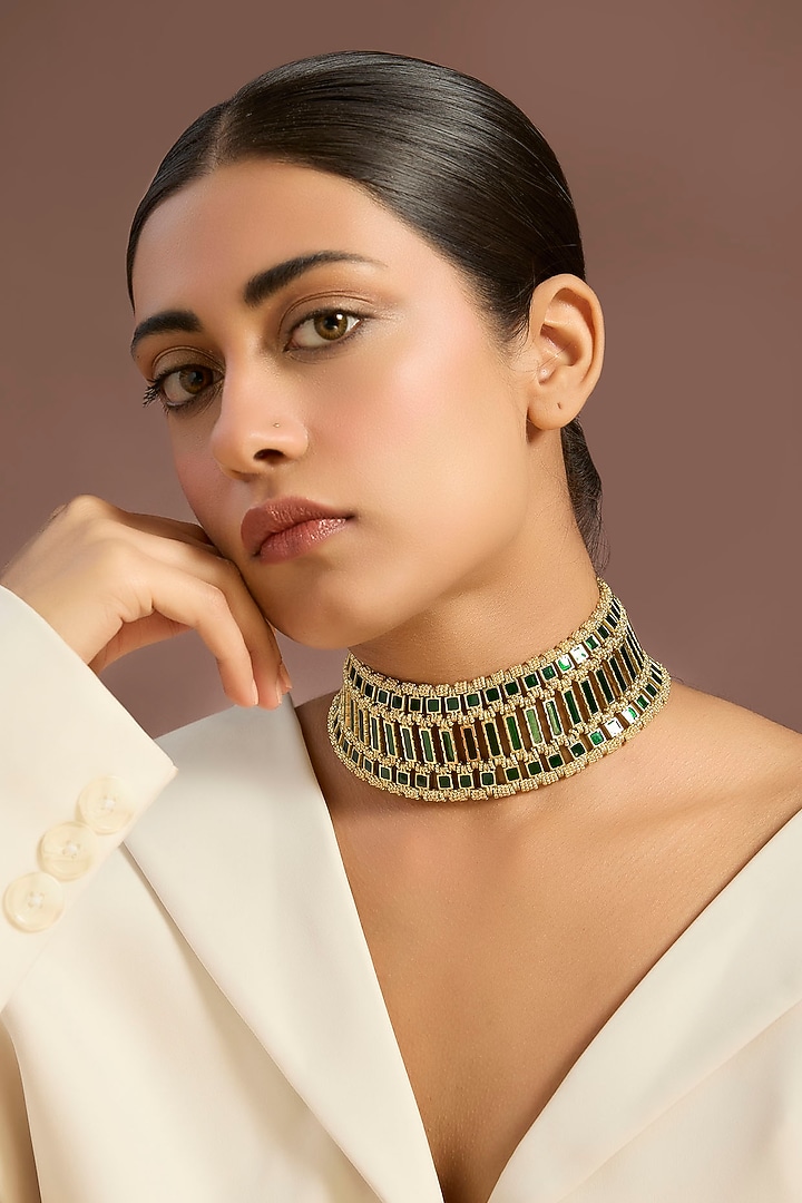 Gold Finish Green Stone Choker Necklace by House of Tuhina at Pernia's Pop Up Shop
