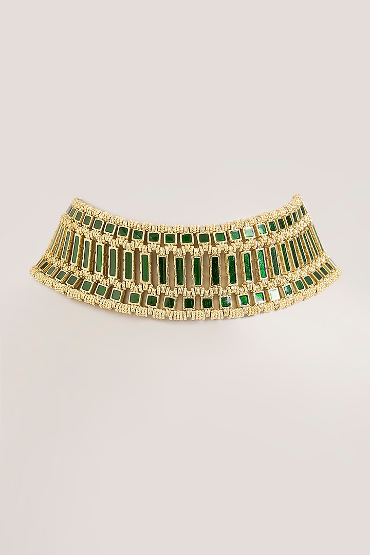 Gold Finish Green Stone Choker Necklace by House of Tuhina at Pernia's Pop Up Shop