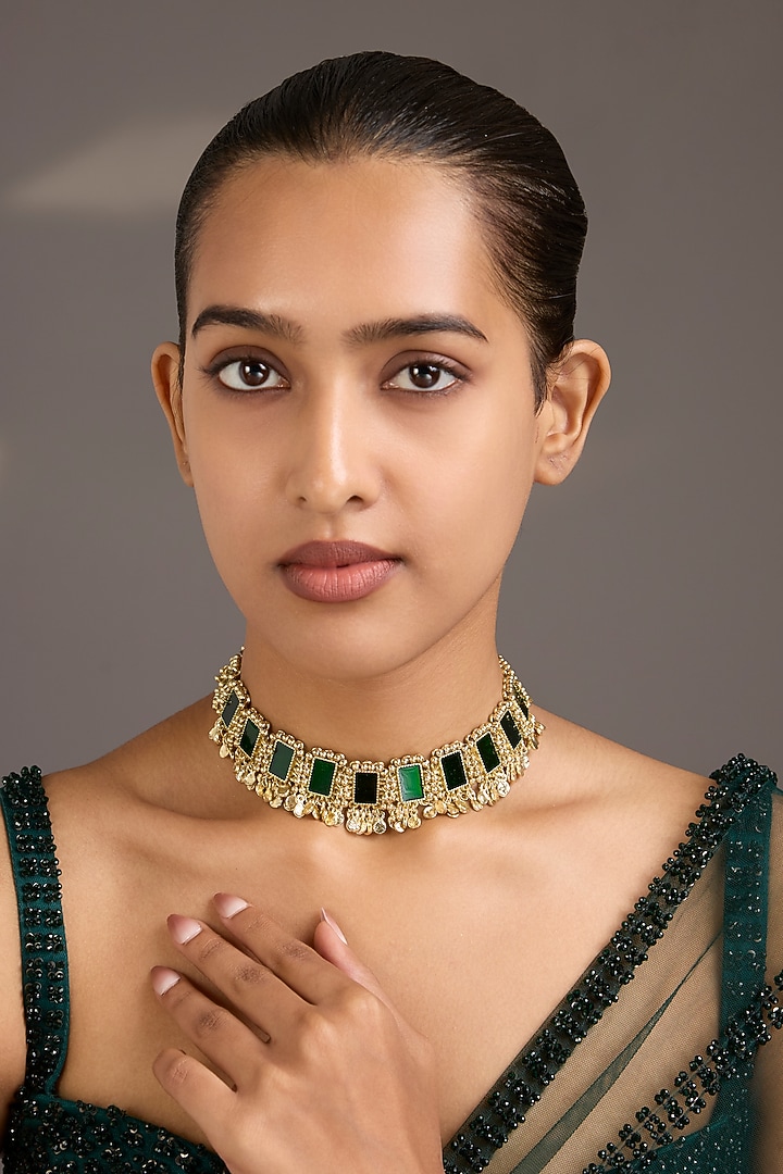 Gold Finish Green Stone Choker Necklace by House Of Tuhina at Pernia's Pop Up Shop