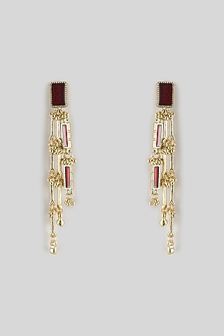 Gold Finish Maroon Stone Dangler Earrings by House of Tuhina