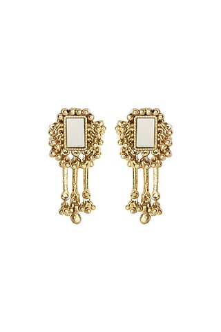 Gold Finish Mirror & Gold Stone Stud Earrings by House Of Tuhina