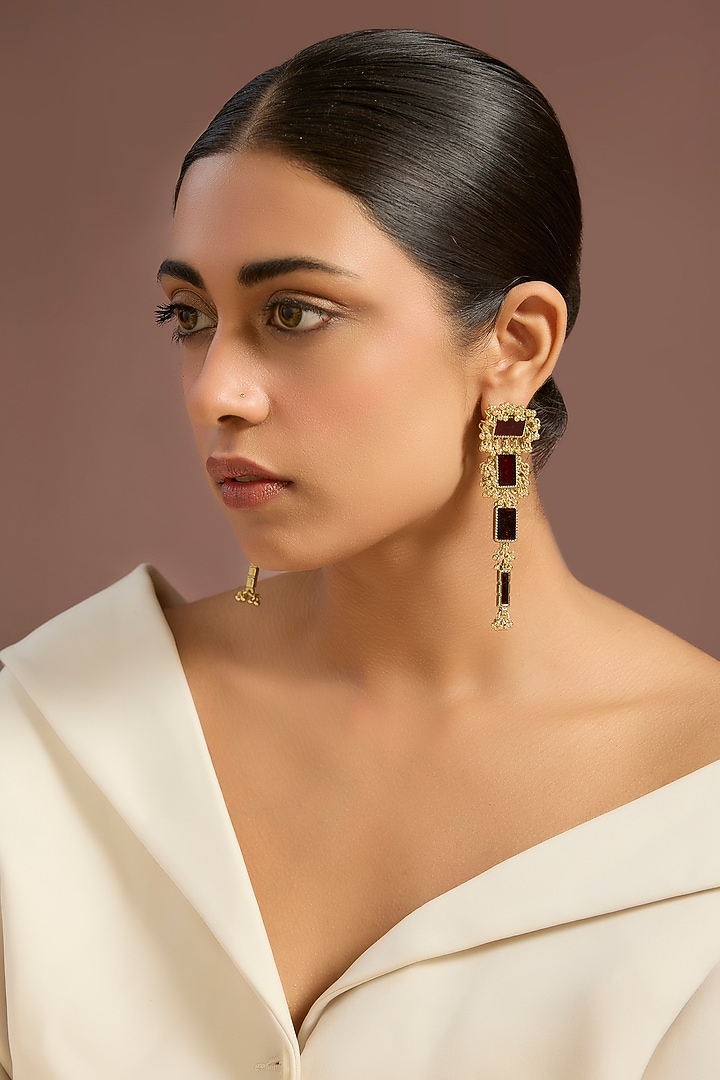Gold Finish Maroon Stone Dangler Earrings by House of Tuhina at Pernia's Pop Up Shop