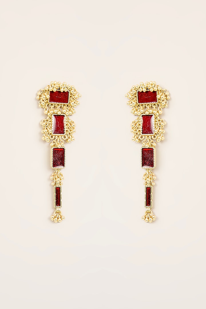 Gold Finish Maroon Stone Dangler Earrings by House of Tuhina at Pernia's Pop Up Shop