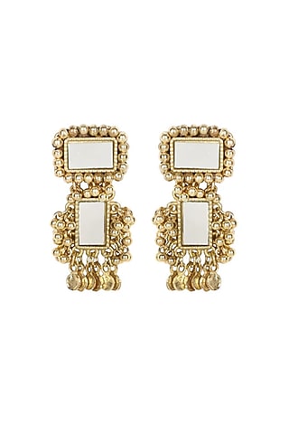 Gold Finish Mirror & Gold Stone Dangler Earrings by House Of Tuhina