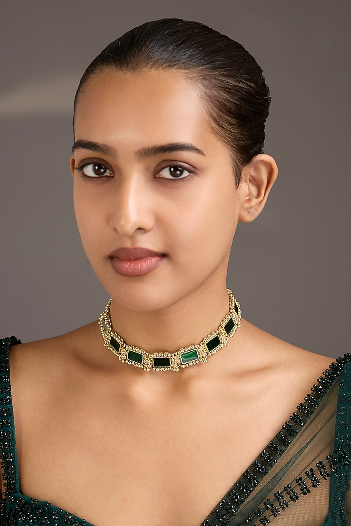 Gold Finish Green Stone Choker Necklace by House Of Tuhina at Pernia's Pop Up Shop