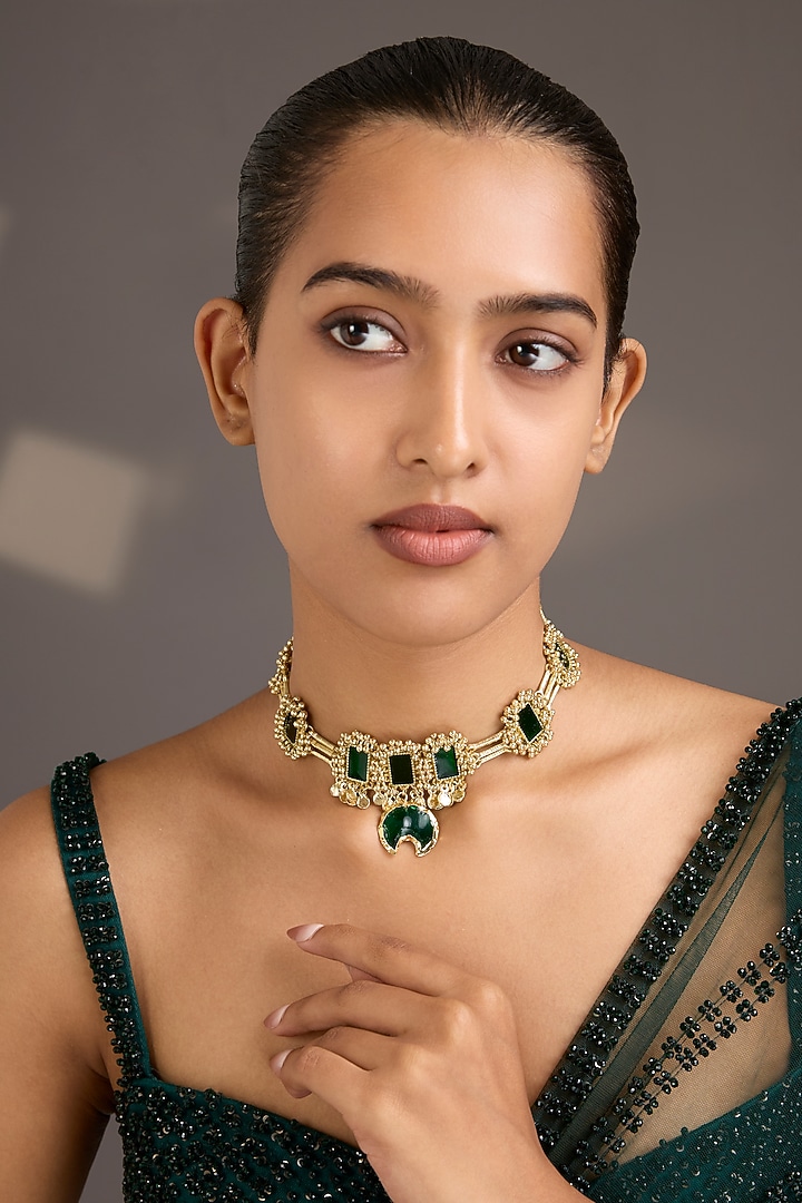 Gold Finish Green Stone Choker Necklace by House Of Tuhina at Pernia's Pop Up Shop