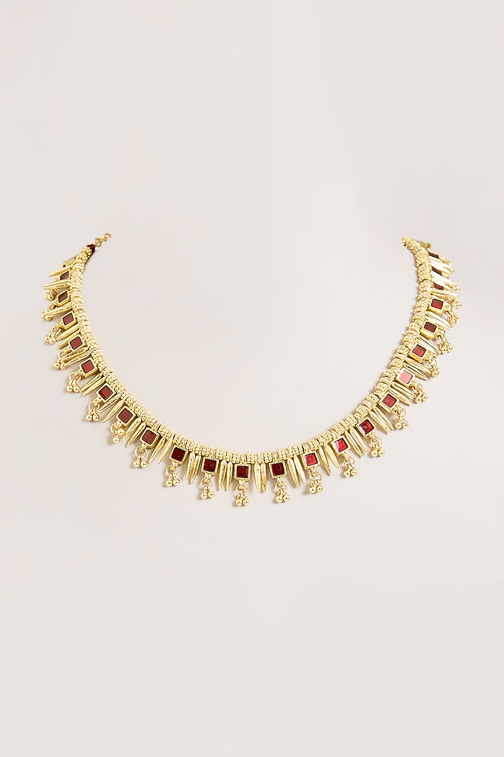 Gold Finish Maroon Stone Necklace by House of Tuhina at Pernia's Pop Up Shop