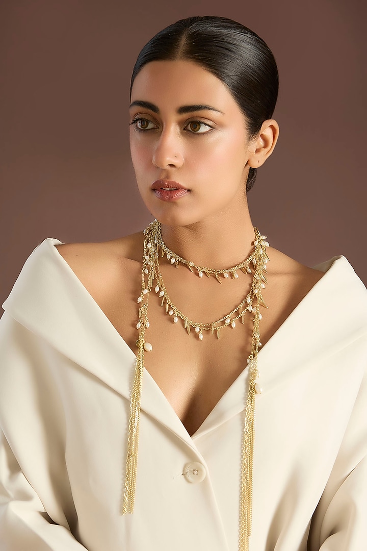 Gold Finish Gold Stone Long Necklace by House of Tuhina at Pernia's Pop Up Shop
