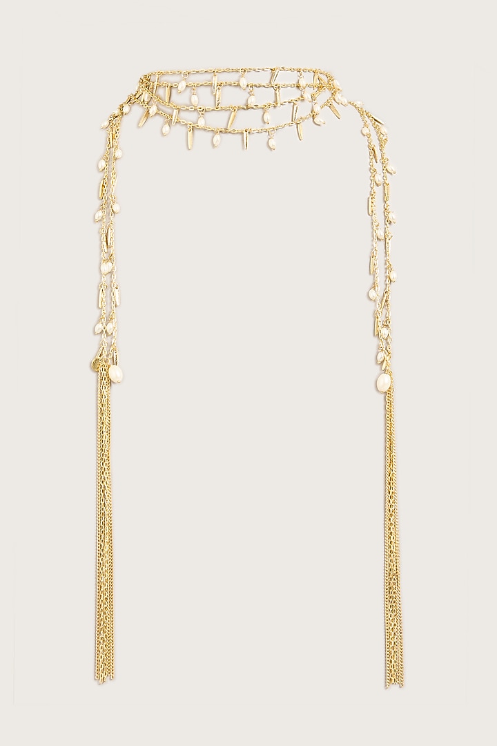 Gold Finish Gold Stone Long Necklace by House of Tuhina at Pernia's Pop Up Shop