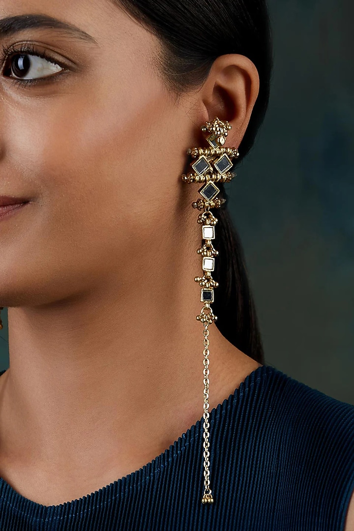 Gold Finish Mirror & Gold Stone Dangler Earrings by House Of Tuhina at Pernia's Pop Up Shop