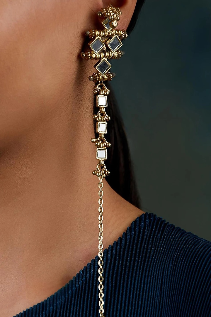 Gold Finish Mirror & Gold Stone Dangler Earrings by House Of Tuhina at Pernia's Pop Up Shop