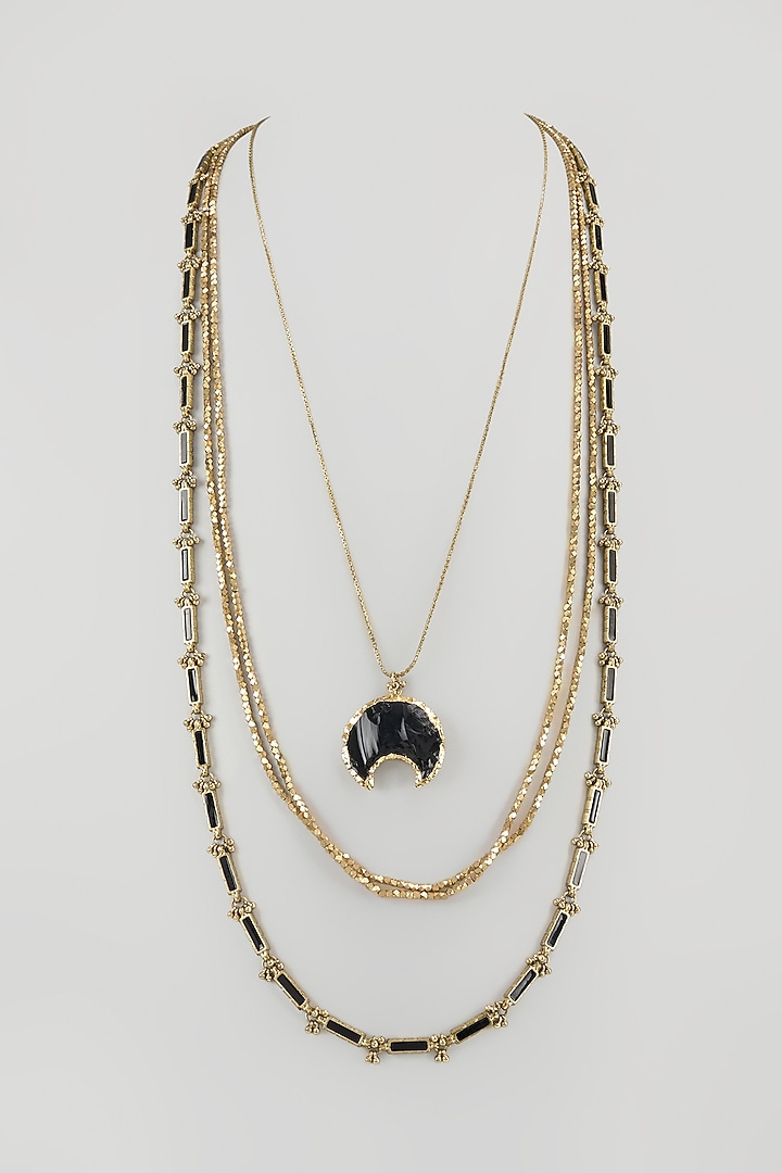 Gold Finish Black Stone Necklace by House Of Tuhina at Pernia's Pop Up Shop