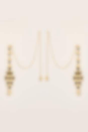 Gold Finish Black Stone Ear Chain Dangler Earrings by House of Tuhina at Pernia's Pop Up Shop