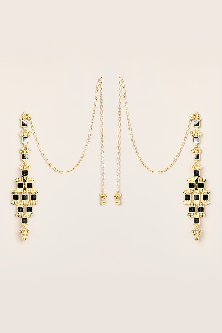 Gold Finish Black Stone Ear Chain Dangler Earrings by House of Tuhina at Pernia's Pop Up Shop