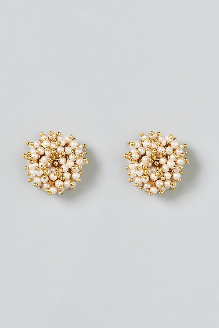 Gold Finish Pearl Stud Earrings by House of Tuhina at Pernia's Pop Up Shop