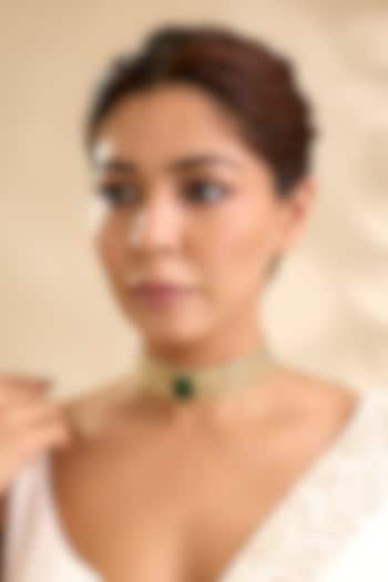 Gold Finish Kundan Polki & Emerald Stone Choker Necklace Set by House Of Tuhina at Pernia's Pop Up Shop