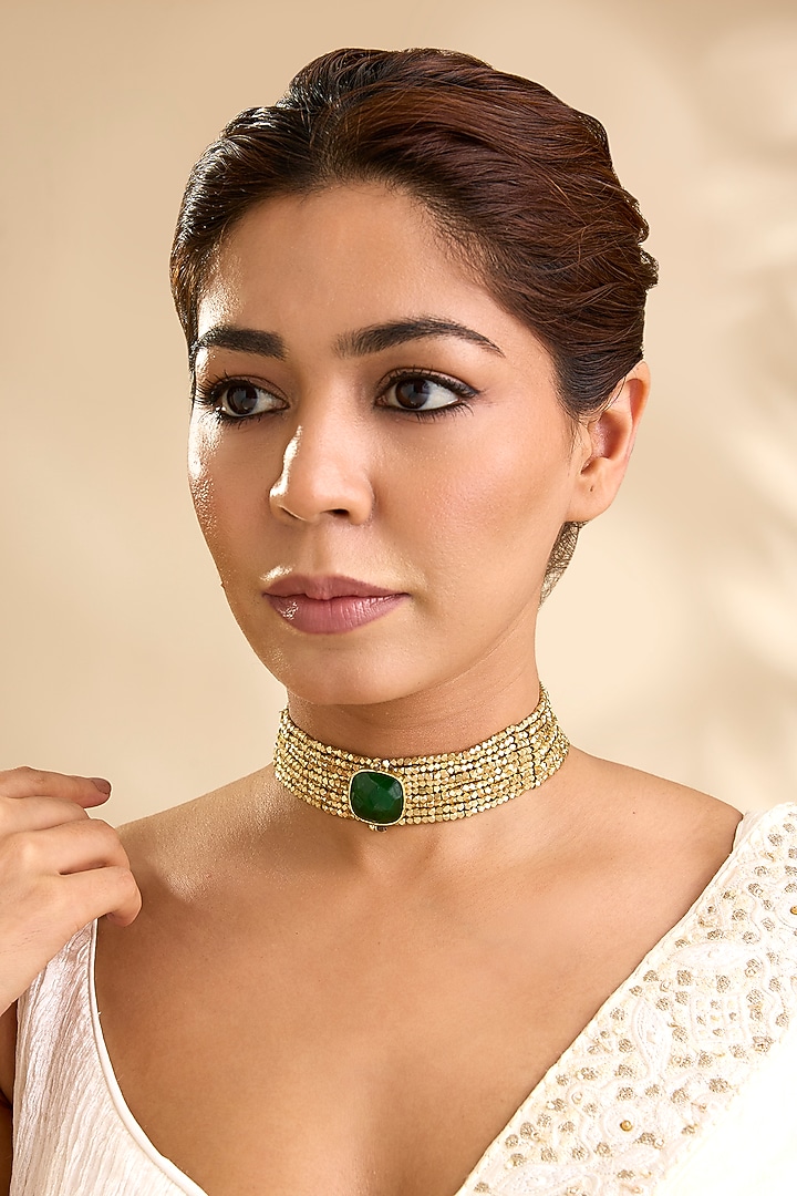 Gold Finish Kundan Polki & Emerald Stone Choker Necklace Set by House Of Tuhina at Pernia's Pop Up Shop