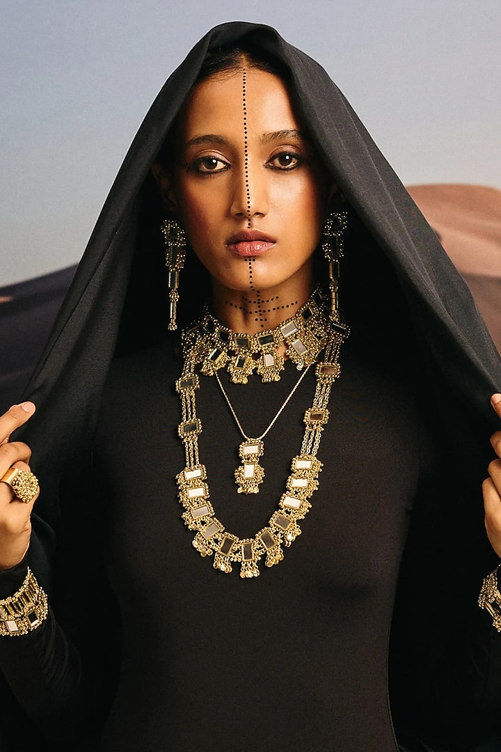 Gold Finish Mirror & Gold Stone Necklace by House Of Tuhina at Pernia's Pop Up Shop