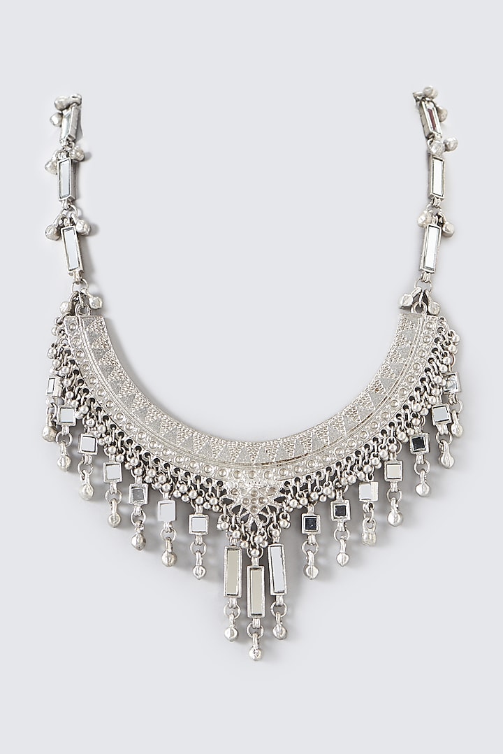 Silver Mirror & Thread Half Moon Necklace by House of Tuhina