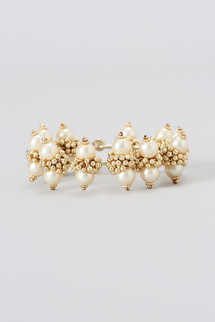 Gold Finish Cotton Thread & Glass Pearls Bangle by House of Tuhina
