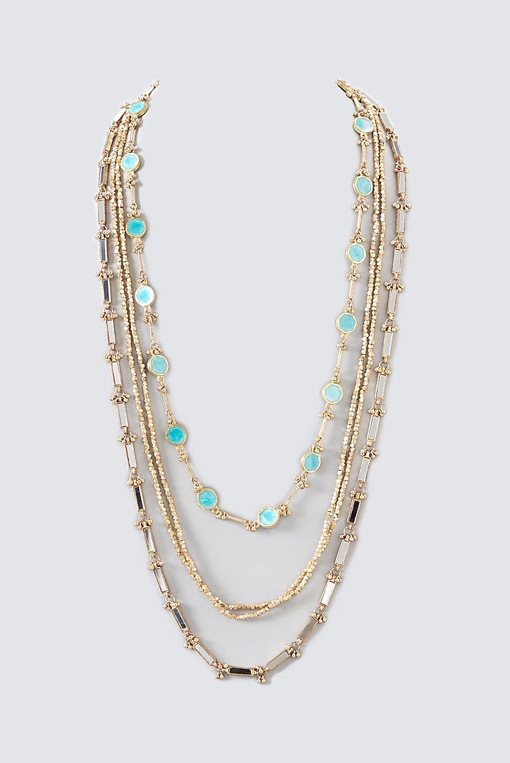 Gold Finish Enameled Stone & Mirrors Long Necklace by House of Tuhina