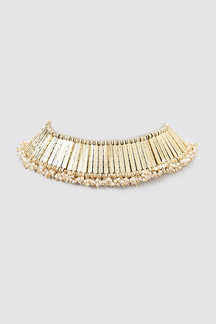 Gold Finish Cotton Thread & Glass Pearl Necklace by House of Tuhina