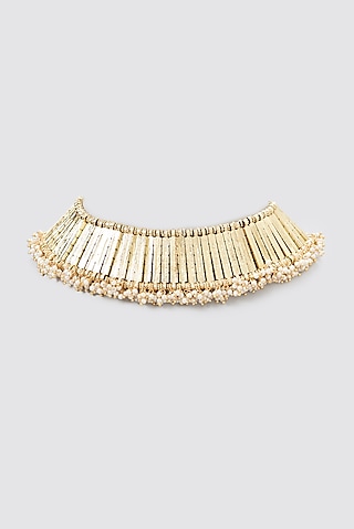 Gold Finish Cotton Thread & Glass Pearl Necklace by House of Tuhina