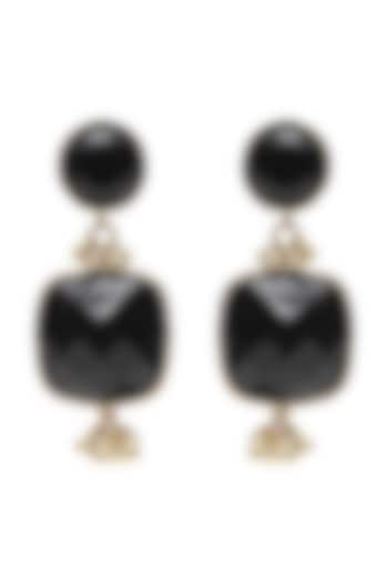 Gold Finish Square Shaped Stone Black Enameled Handcrafted Dangler Earrings by House of Tuhina at Pernia's Pop Up Shop