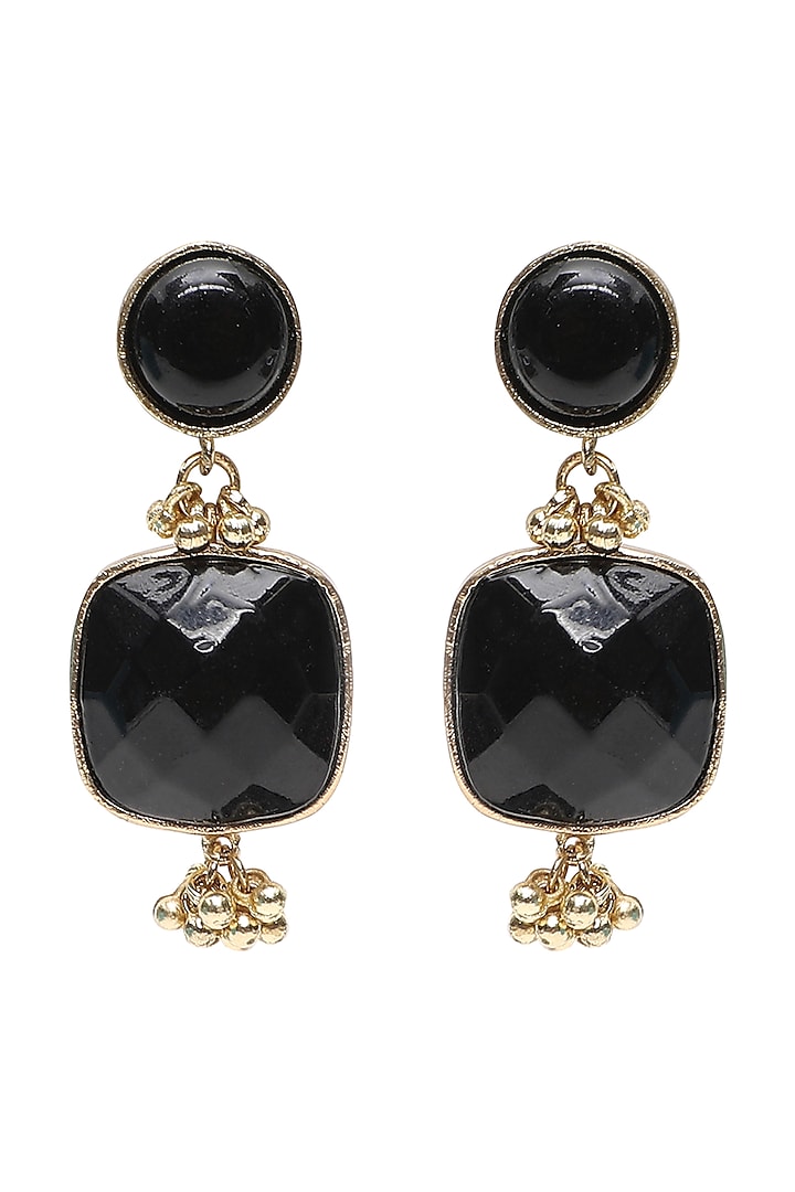 Gold Finish Square Shaped Stone Black Enameled Handcrafted Dangler Earrings by House of Tuhina at Pernia's Pop Up Shop