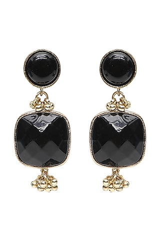 Gold Finish Square Shaped Stone Black Enameled Handcrafted Dangler Earrings by House of Tuhina