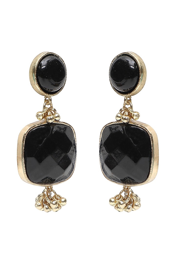 Gold Finish Square Shaped Stone Black Enameled Handcrafted Dangler Earrings by House of Tuhina at Pernia's Pop Up Shop