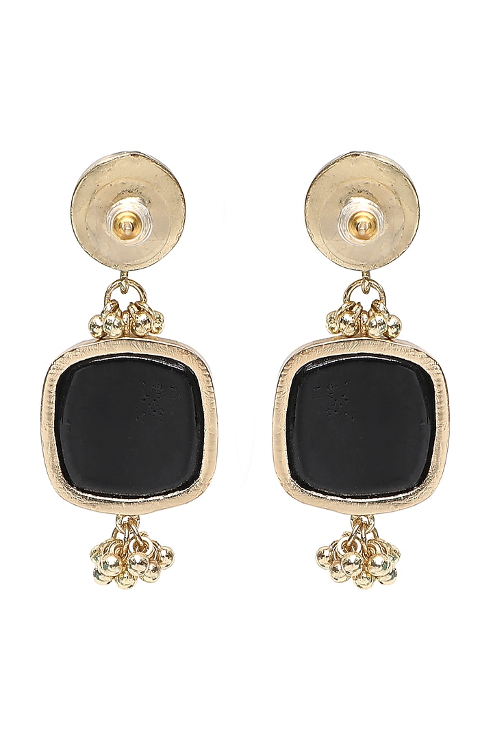 Gold Finish Square Shaped Stone Black Enameled Handcrafted Dangler Earrings by House of Tuhina at Pernia's Pop Up Shop