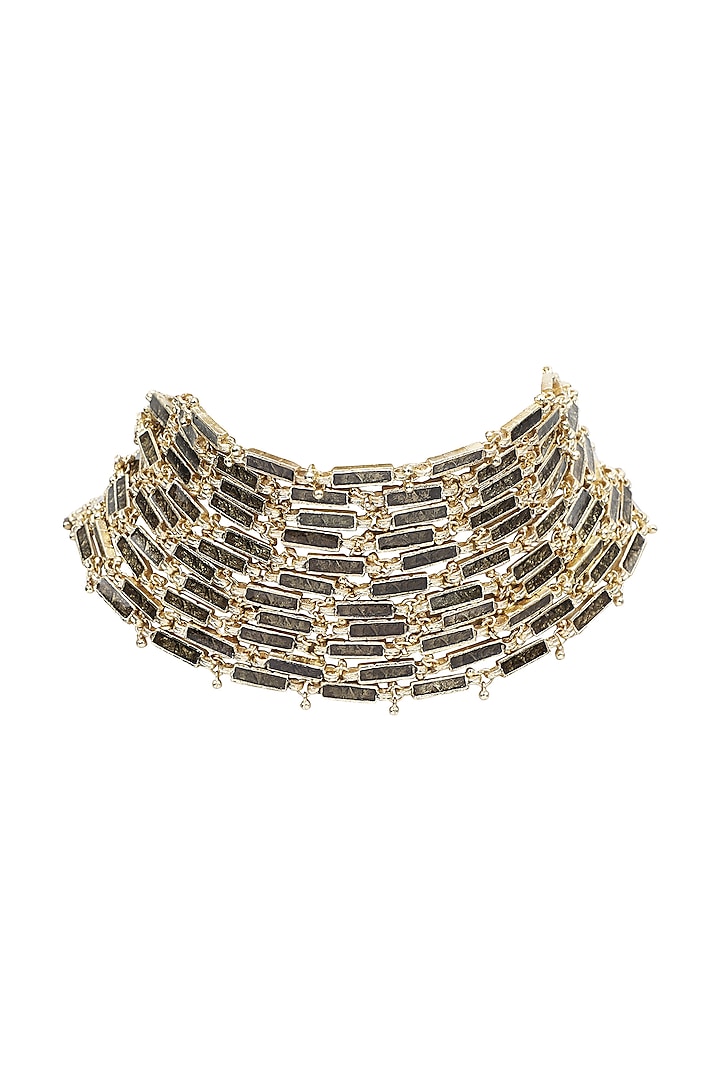 Gold Finish Glass Silver Grey Enameled Link Choker Necklace by House Of Tuhina at Pernia's Pop Up Shop