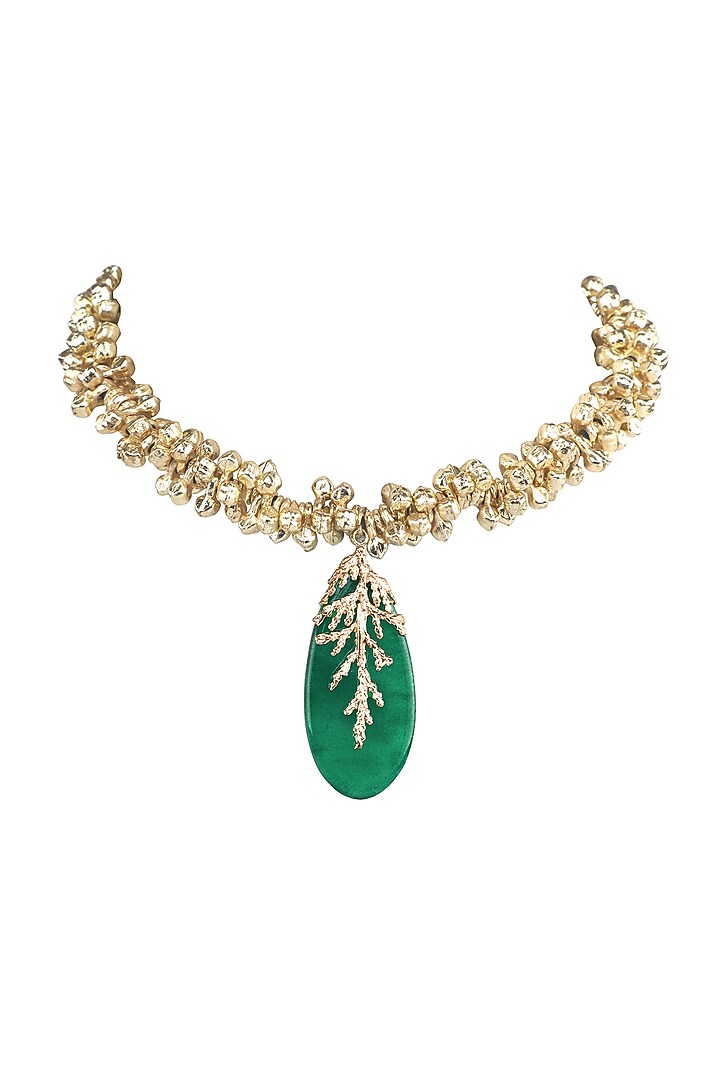 Gold Finish Leaf Stone Green Enameled Handcrafted Choker Necklace by House of Tuhina at Pernia's Pop Up Shop