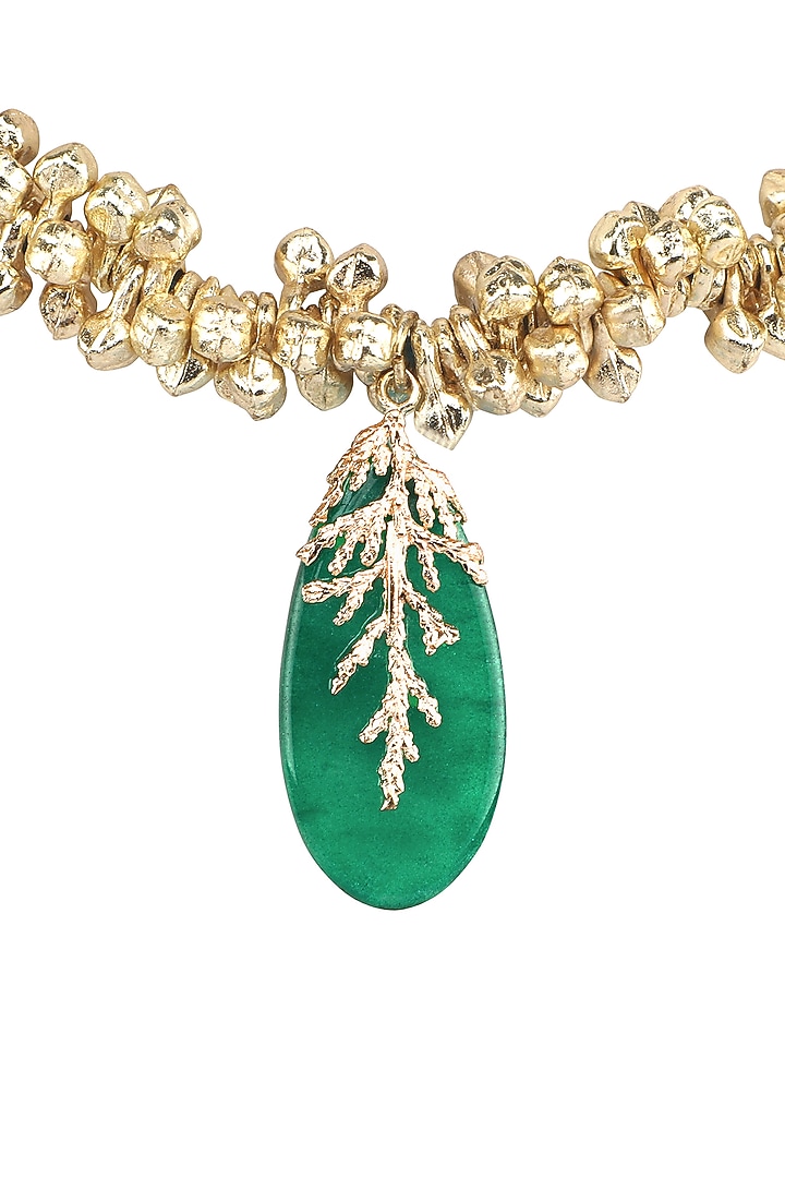 Gold Finish Leaf Stone Green Enameled Handcrafted Choker Necklace by House of Tuhina at Pernia's Pop Up Shop
