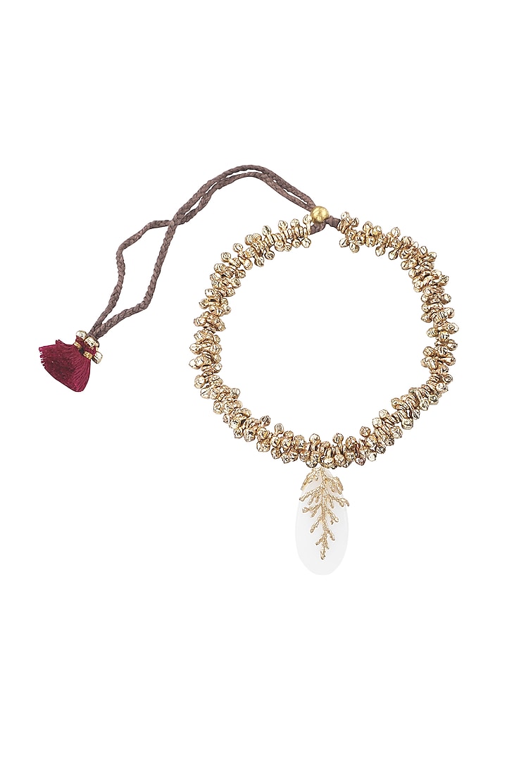 Gold Finish White Leaf Shaped Quartz Stone Enameled Handcrafted Choker Necklace by House of Tuhina at Pernia's Pop Up Shop