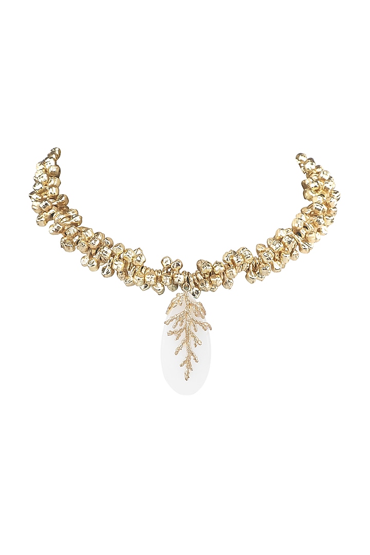 Gold Finish White Leaf Shaped Quartz Stone Enameled Handcrafted Choker Necklace by House of Tuhina at Pernia's Pop Up Shop