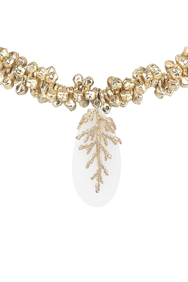 Gold Finish White Leaf Shaped Quartz Stone Enameled Handcrafted Choker Necklace by House of Tuhina at Pernia's Pop Up Shop