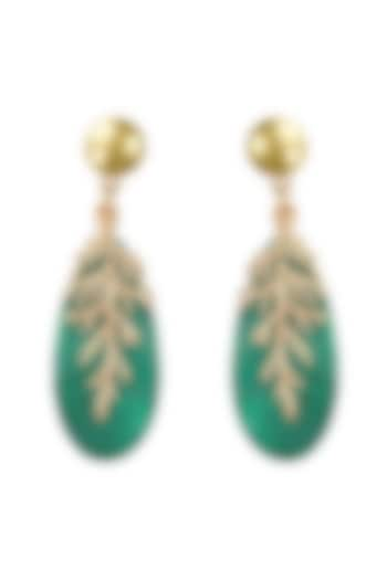 Gold Finish Green Enameled Handcrafted Dangler Earrings by House of Tuhina at Pernia's Pop Up Shop