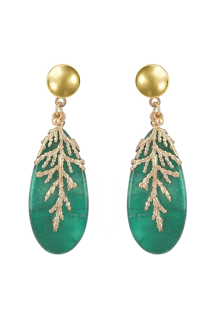 Gold Finish Green Enameled Handcrafted Dangler Earrings by House of Tuhina at Pernia's Pop Up Shop